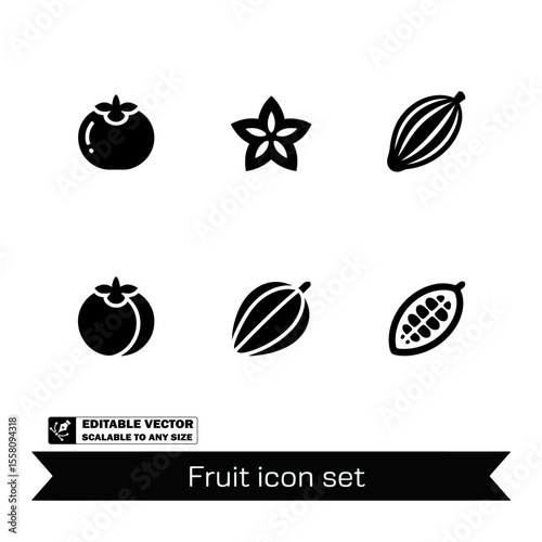 A set of fruit icons including persimmon star fruit and cocoa in black and white vector illustration