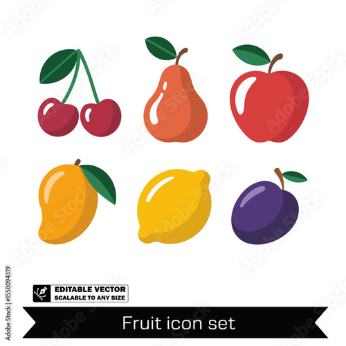 Black fruit icon set featuring cherries pear apple mango lemon and plum against a white background