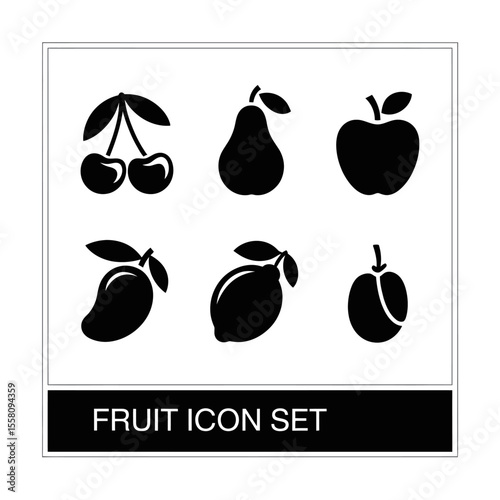 Black fruit icon set featuring cherries pear apple mango lemon and plum against a white background