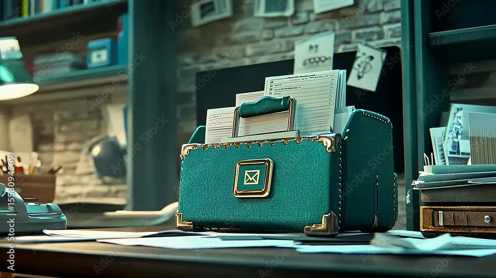 Vintage teal desk organizer filled with letters and documents, set in a cozy office with a brick wall