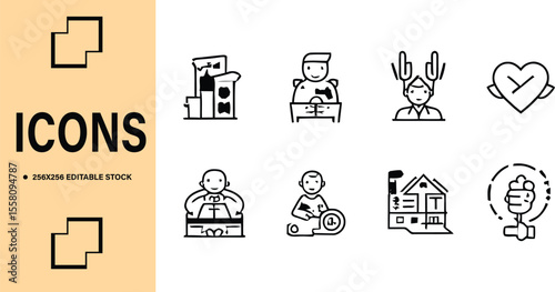 Editable Stock Icons Featuring Various Professions and Concepts in Black and White