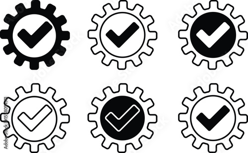 Set of six gear icons with checkmarks symbolizing successful operation or approval