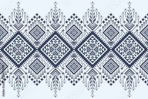 Monochrome tribal pixel seamless pattern. Indigo geometric embroidery. Blue and white folk fabric design. Traditional art background.