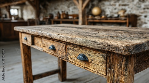 Close-up of a rustic wooden workbench with drawers.