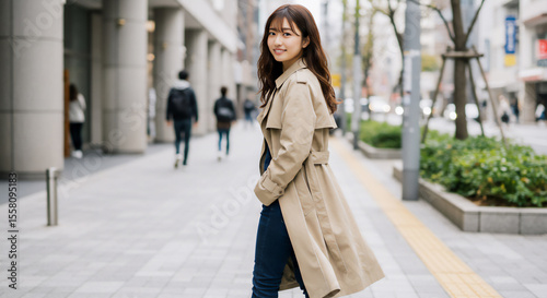 Urban Trench Coat Woman Portrait - Stylish Street Fashion Walk