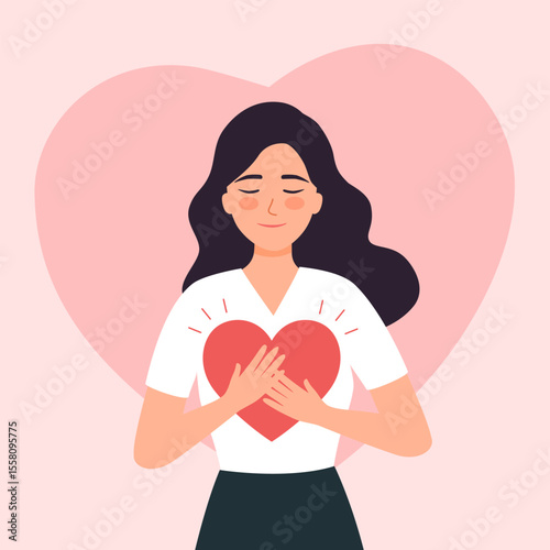 Self love or self care concept. Girl embraces the heart. Mental health. vector illustration