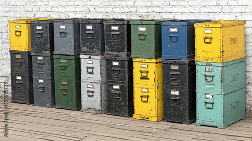Vintage metal filing cabinets in a variety of colors.