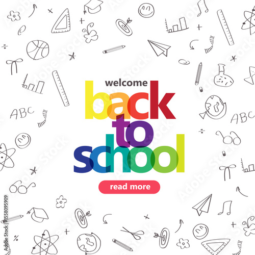 Wallpaper Mural Playful back to school poster with bold colorful text and doodle-style school elements on white background perfect for banners or headers Torontodigital.ca
