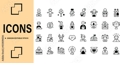 Collection of Black and White Line Art Icons on a Light Background