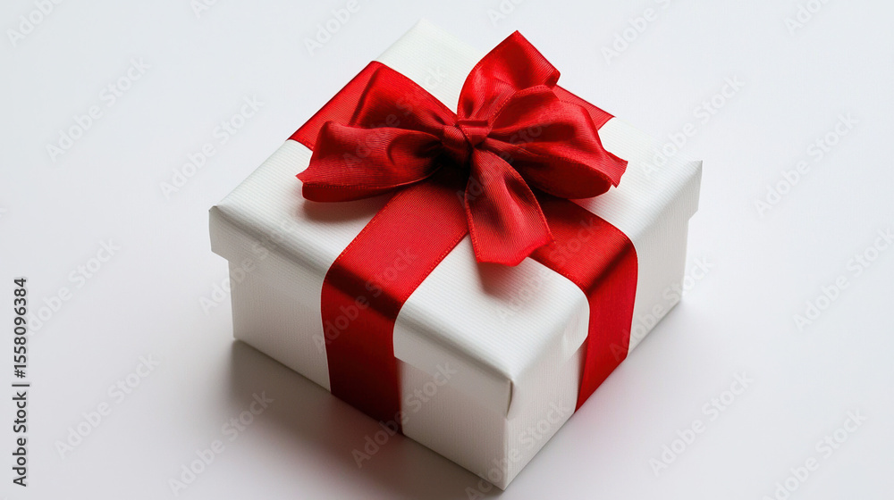 Fototapeta premium A gift box adorned with a red ribbon, set against a pure white background
