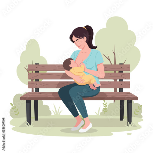 Gentle flat vector illustration of a mother discreetly breastfeeding her baby on a bench in a park.