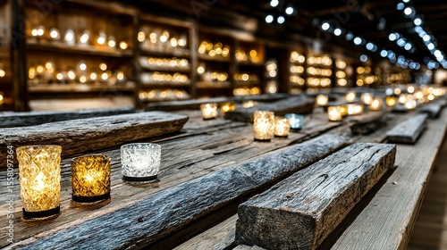 Display of candles in decorative glass holders on rustic wooden planks.
