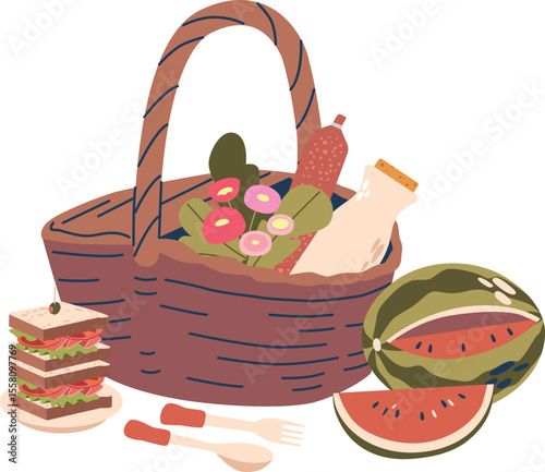 Picnic basket with snacks vector illustration