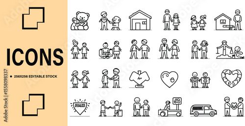 Collection of Line Art Icons Representing Family Love and Social Concepts
