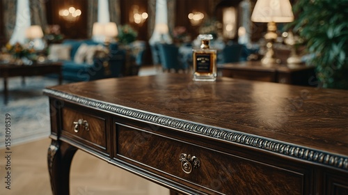 Richly finished dark brown wooden writing desk.