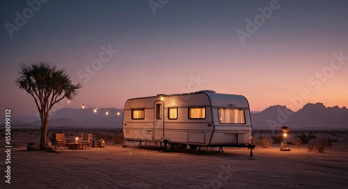 Cozy vintage caravan campsite with string lights and campfire at dusk