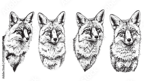 vintage engraving of a curious fox with sharp eyes and bushy tail