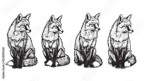 Vintage engraving of seated fox with fluffy tail upright ears and sharp alert eyes