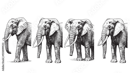 Vintage engraving of standing elephant with trunk tusks large ears and textured skin details