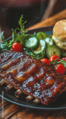 BBQ ribs with biscuit and salad vertical