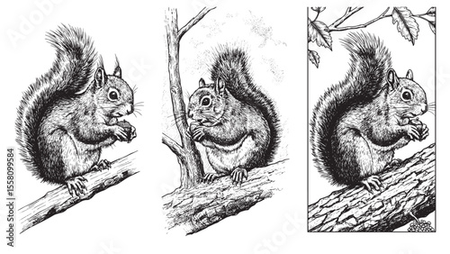 Vintage engraving of tree squirrel with thick tail holding nut on forest branch