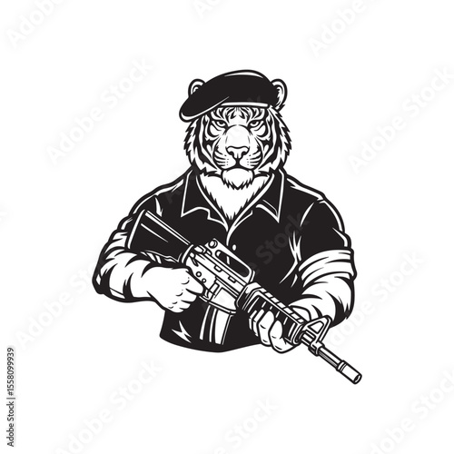 Wallpaper Mural Tiger Soldier Vector, Armed Animal Illustration, Military Tiger Mascot, Black and White Clipart Torontodigital.ca