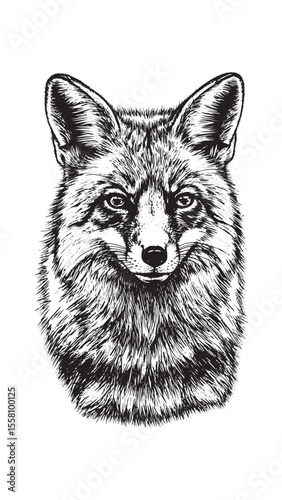 Alert red fox vintage engraving with bushy tail and keen eyes detailed