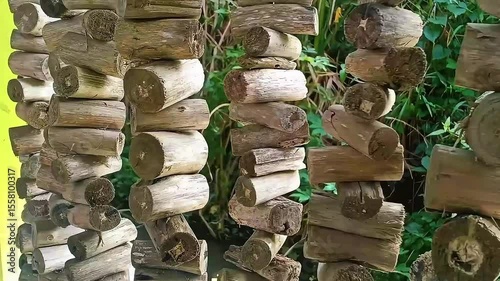 A decorative curtain made from dried tree branches, artistically arranged to create a natural and rustic look. This handmade piece adds a touch of organic charm and earthy texture to any space.
