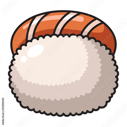 Cute salmon sushi with fluffy rice cartoon icon isolated on white background