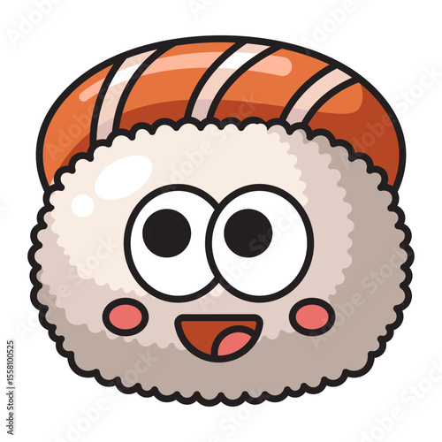 Cute sushi character with salmon topping and happy face, isolated on white background.