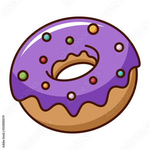 Bitten purple glazed donut with colorful sprinkles cartoon isolated on white background.