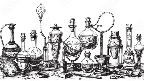 Engraved alchemy tools and potion bottles with detailed historic etching lines