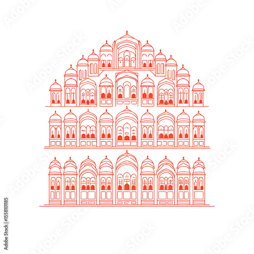 Hawa Mahal Jaipur Rajasthan Line Art Illustration, Detailed Black and White Drawing of Famous Indian Palace with Jharokha Windows, Lattice Facade and Rajput Mughal Architecture	