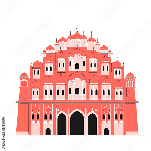 Hawa Mahal Jaipur Rajasthan Line Art Illustration, Detailed Black and White Drawing of Famous Indian Palace with Jharokha Windows, Lattice Facade and Rajput Mughal Architecture	