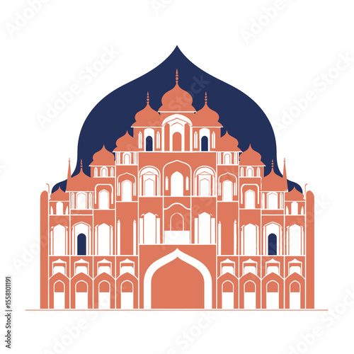 Hawa Mahal Jaipur Rajasthan Line Art Illustration, Detailed Black and White Drawing of Famous Indian Palace with Jharokha Windows, Lattice Facade and Rajput Mughal Architecture	