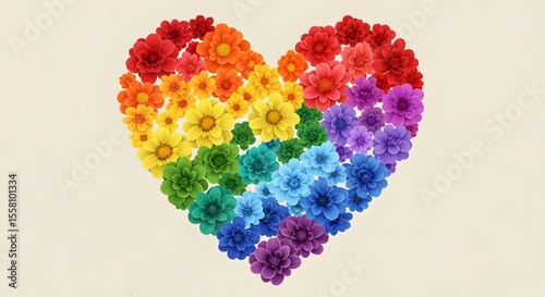 Rainbow Floral Heart: A vibrant display of colorful flowers arranged in a heart shape, symbolizing love, diversity, and unity.