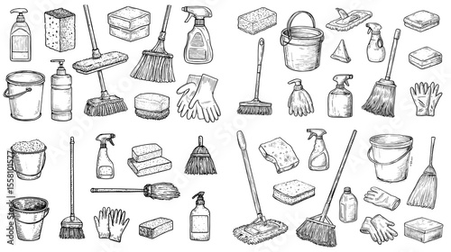 Hand-drawn cleaning tools set with mops, buckets, brooms, sponges, gloves, and sprays. Perfect for hygiene, housekeeping, or janitorial service illustrations.

