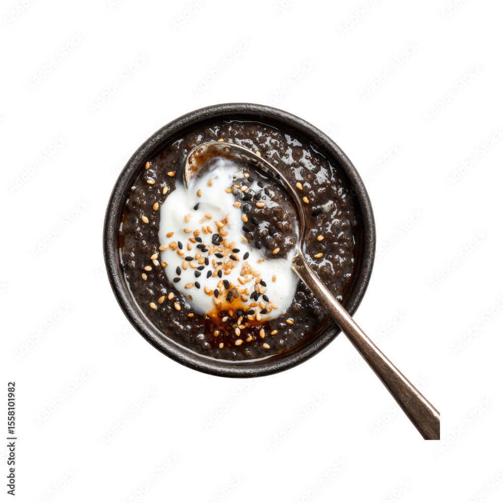 Black Sesame Seed Pudding with Yogurt and Sesame Seeds in a Dark Bowl Black Sesame Seed Pudding with Yogurt and Sesame Seeds in a Dark Bowl