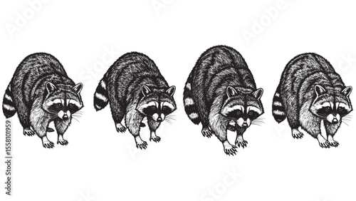 Raccoon vintage engraving in crouched position with mask face and tail bold black vector