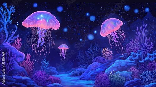 Whimsical underwater illustration featuring glowing jellyfish, seashells holding stars and galaxies, and colorful coral forests, portraying a fantasy ocean filled with magical cosmic dreamlight 