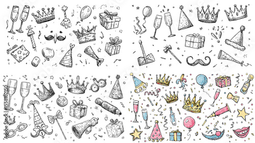 Festive hand-drawn doodle icons of party elements like crowns, glasses, gifts, balloons, and champagne—perfect for celebration, birthday, and holiday designs.


