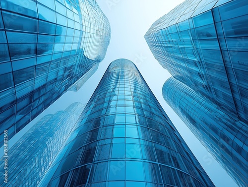 Upward perspective of blue-toned skyscrapers with curved window details against white background, conveying corporate elegance and modernity for business scenes, sleek minimalist style.