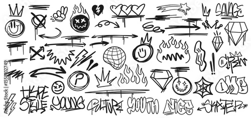 Scribbles graffiti element set, Urban elements symbols, Hand-drawn street art sign, Streetwear doodles collection, Street style graphic signs bundle
