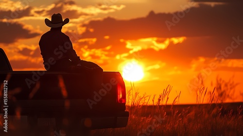 Silhouette Cowboy Sunset Rural Landscape Truck Prairie Golden Hour 