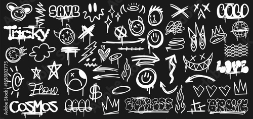 Urban elements symbols, Scribbles graffiti element set, Hand-drawn street art sign, Streetwear doodles collection, Street style graphic signs bundle