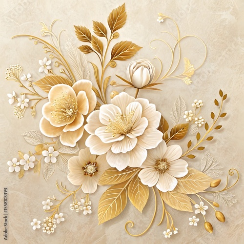 Elegant beige and white floral bouquet with leaves on a soft watercolor background.

