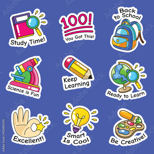 Fun Education Doodle Stickers with Motivational Words - Hand Drawn School Vector Set