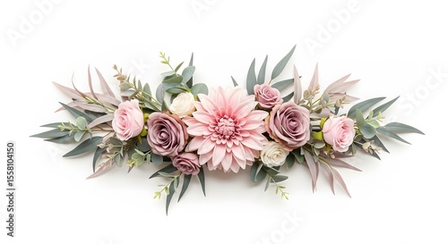 Elegant Pink and Dusty Rose Floral Arrangement with Greenery, Beautiful Wedding or Event Decoration, Flatlay Photography