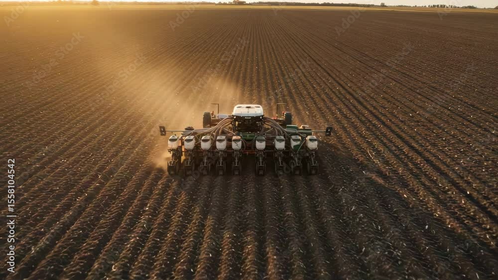 Agriculture machinery tractor planting seeds across farmland rows at sunset sunrise cultivation and soil preparation for sowing 153 characters