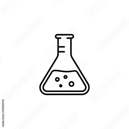 Erlenmeyer flask with liquid and bubbles simple line art icon for science